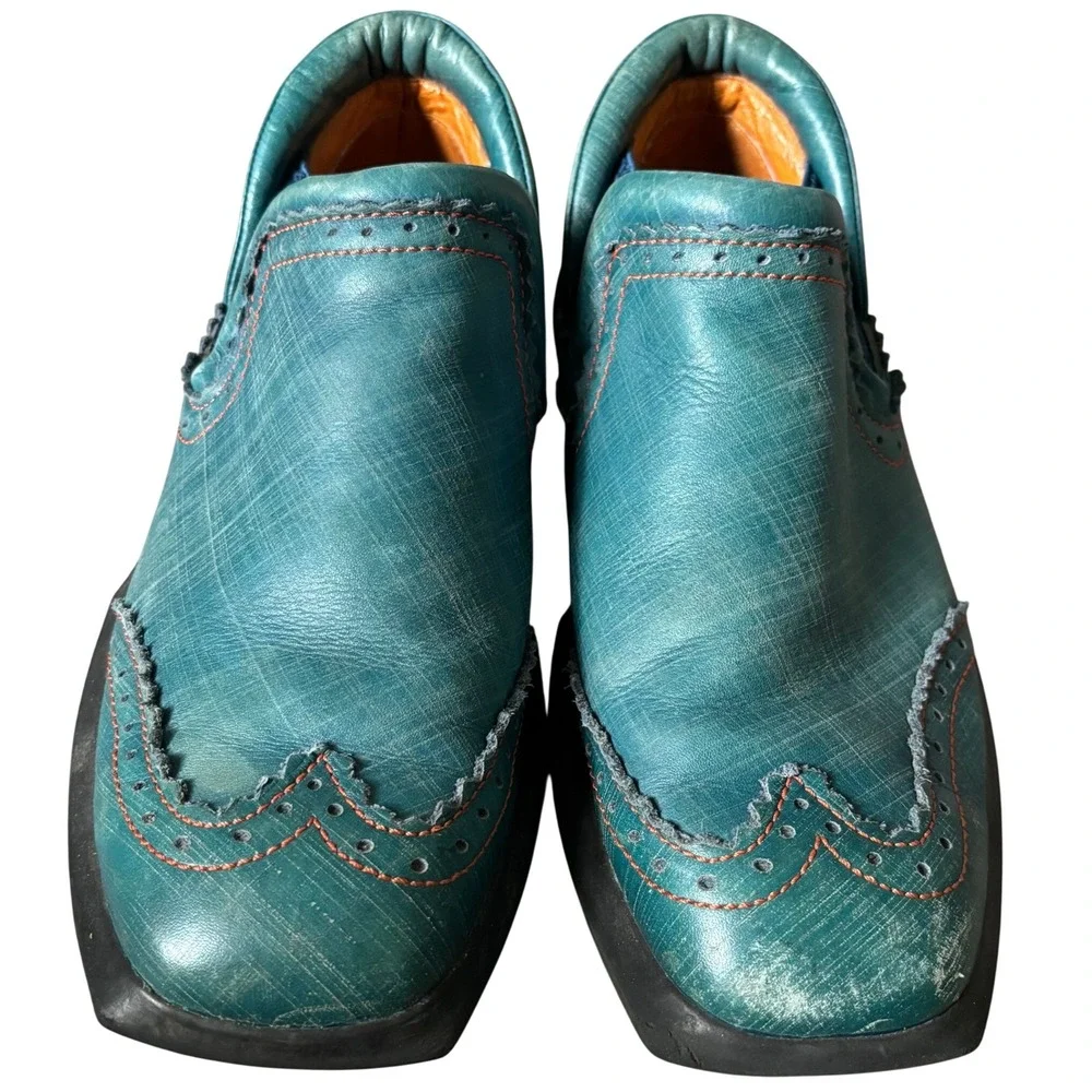 John Fluevog Future Angel Slip-on Wingtip Brogue Shoes Sz 7 Teal Leather